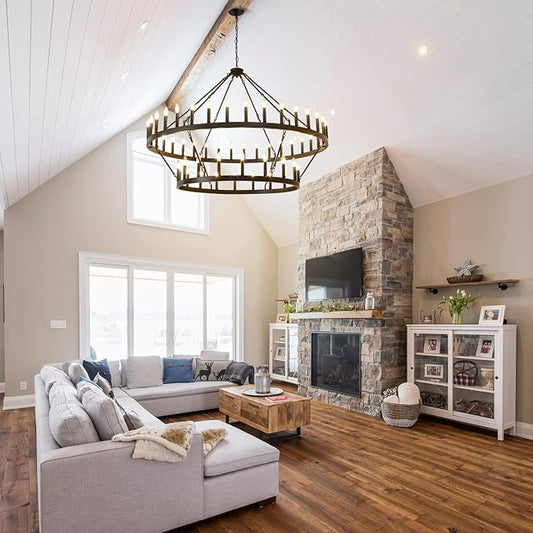 HHR Wagon Wheel Chandelier 2 Tier 54-Light, 60 Inch Large Farmhouse Chandelier, Round Rustic Pendant Light Fixture for High Ceilings Foyer Dining Room E12