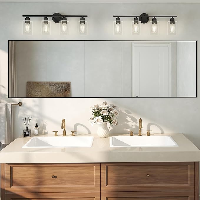 4 Light Bathroom Vanity Light Fixtures Black,Rustic Farmhouse Vanity Lighting Over Mirror Modern Industrial Lamp with Cylinder Glass Shade UL Certified
