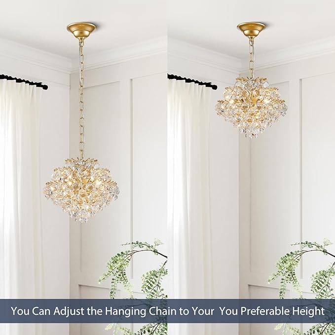 Bestier Gold Modern Pendant Chandelier Crystal Raindrop Lighting Ceiling Light Fixture Lamp for Dining Room Bathroom Bedroom Livingroom 4 G9 Bulbs Required D11 in x H12 in