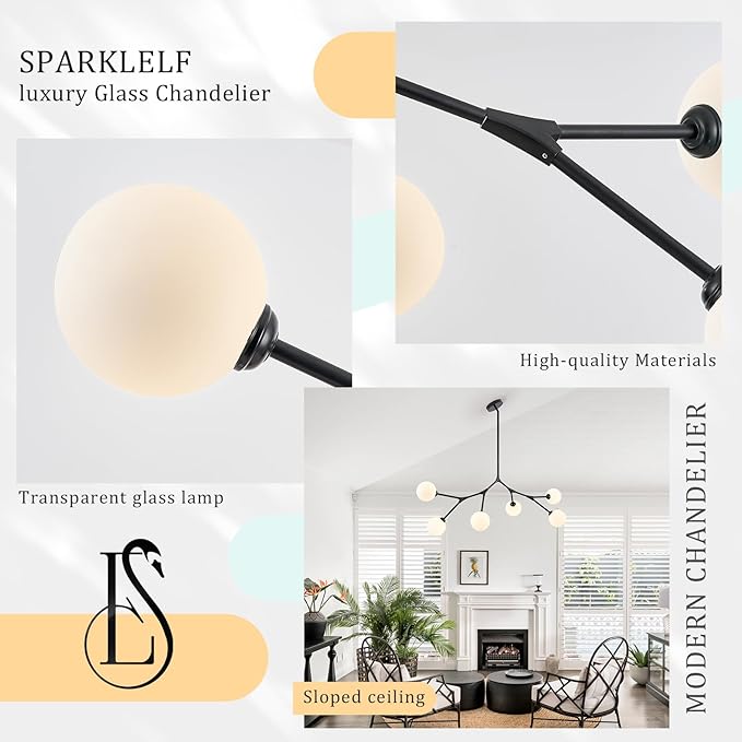 6 Lights Sputnik Chandelier for Dining Room L45’’ Black Modern Pendant Light Fixture with Milk Glass Shade Large Mid Century Chandeliers for Kitchen Island Living Room Foyer