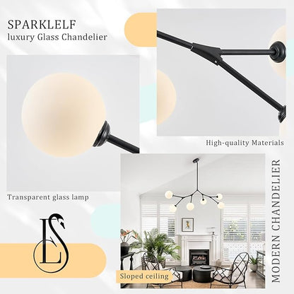 6 Lights Sputnik Chandelier for Dining Room L45’’ Black Modern Pendant Light Fixture with Milk Glass Shade Large Mid Century Chandeliers for Kitchen Island Living Room Foyer