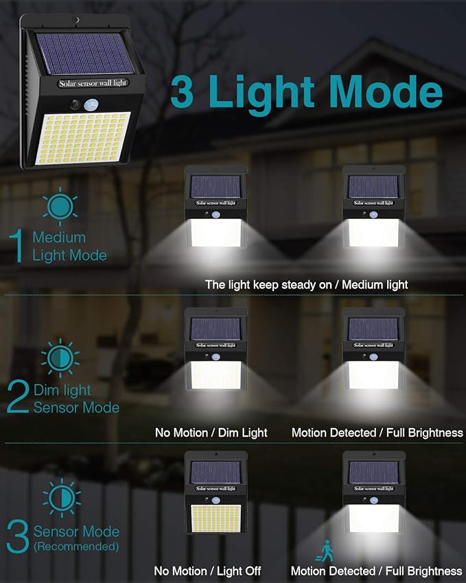 2 Pack Outdoor Solar Motion Lights - 3 Modes/100LED Wireless, IP65 Waterproof Solar Security Lights with Motion Sensor for Front Door, Backyard, Garage, Deck