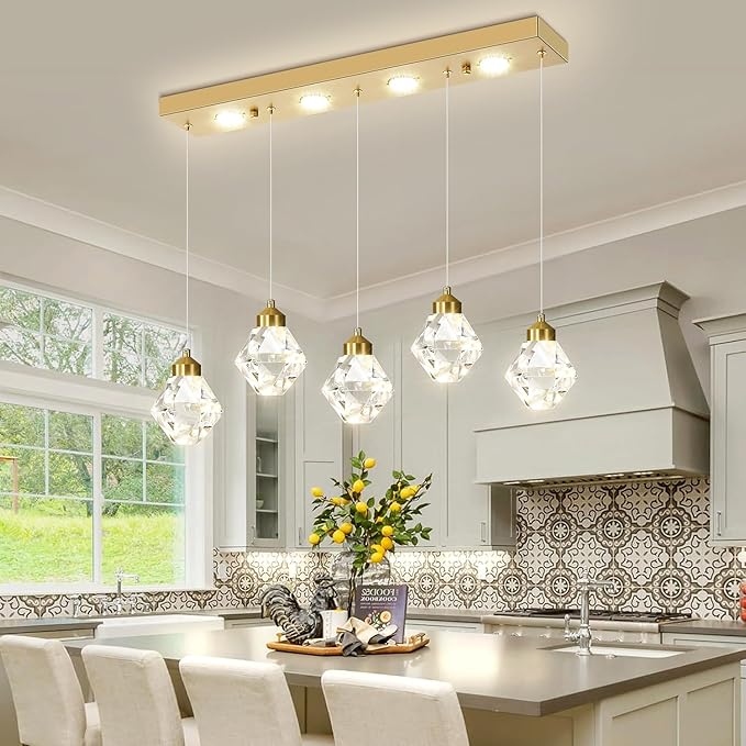 5-Lights Rectangular Pendant Light LED Dimmable Linear Crystal Chandelier Modern Rectangular Chandeliers for Dining Room Bedroom Gold Hanging Light