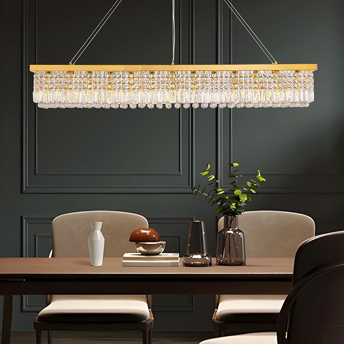 Gold Large Modern Crystal Chandeliers for Dining Room Light Fixture, 13-Light Rectangle Chandelier for Kitchen Island Living Room, L59 Inch