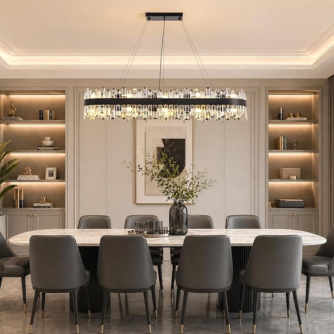 Large Rectangular Crystal Chandelier for Dining Room, 20-Light Modern 2-Tiers Oval Flush Mount Pendant Ceiling Light Fixture for Living Room Kitchen Island Bar 52 Inches