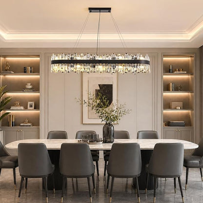 Large Rectangular Crystal Chandelier for Dining Room, 20-Light Modern 2-Tiers Oval Flush Mount Pendant Ceiling Light Fixture for Living Room Kitchen Island Bar 52 Inches