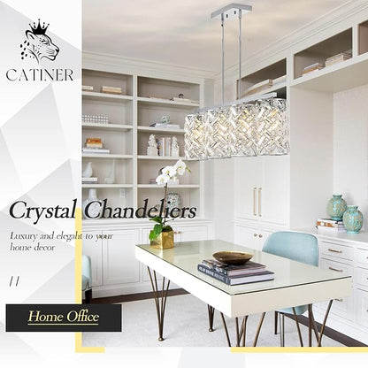 CATINER Chrome Crystal Kitchen Island Lighting 40" Modern Linear Chandelier, 4 Lights Polished Chrome Ceiling Pendant Light Fixture Over Table for Dining Room Living Room