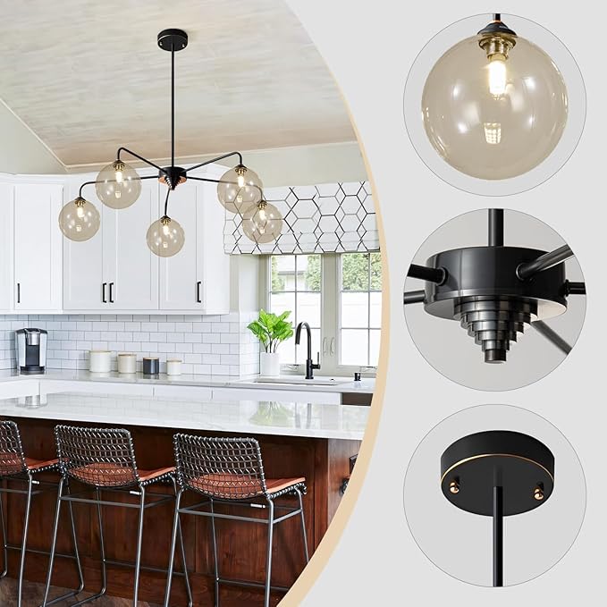 5 Light Black Sputnik Chandelier Mid Century Modern Chandelier with Cognac Clear Glass Globe Shade Pendant Light for Kitchen Dining Room