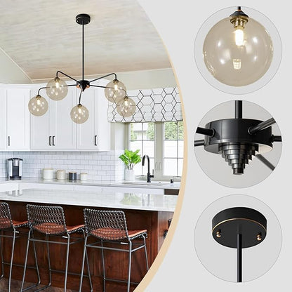 5 Light Black Sputnik Chandelier Mid Century Modern Chandelier with Cognac Clear Glass Globe Shade Pendant Light for Kitchen Dining Room
