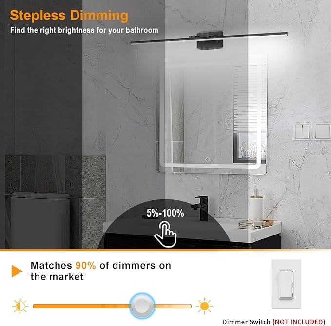 LED Bathroom Vanity Light, Modern Bathroom Light Fixture Over Mirror (3000K/4000K/6000K, Dimmable), Vanity Light Bar with Angle Adjustable, 48 Inch, Black