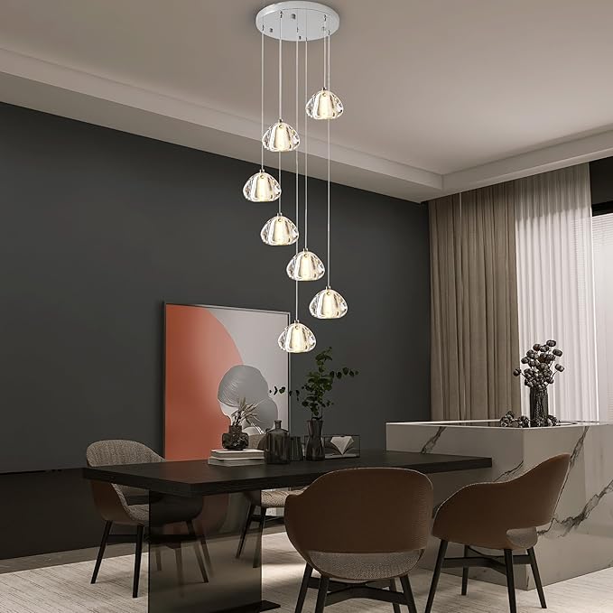 Modern Crystal Foyer Chandelier 7-Lights Raindrop Pendant Light Fixture, Bubble LED Flush Mount Staircase Living Room Light Fixture Chrome