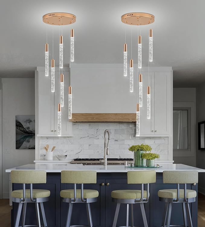 7-Lights High Ceiling Crystal Chandelier, Modern LED Raindrop Pendant Light Fixture 60" H Flush Mount Chandelier Gold for Foyer Staircase Living Room