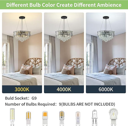 HOPGGIE 17 Inch Crystal Chandeliers Flush Mount Chandelier G9 Base Round Modern Ceiling Light Fixture Pendant Lighting for Living Room Dining Room Laundry Room Kitchen Bedroom (Black)