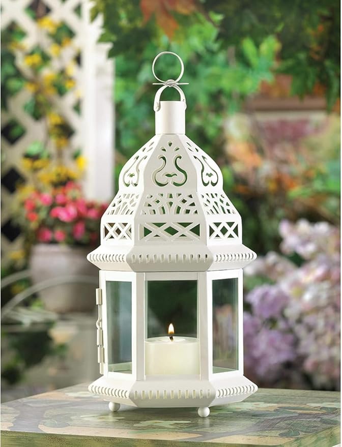 Zingz & Thingz Moroccan Style Candle Lantern Holder, Decorative Light Home Decor, Indoor & Outdoor, 13" Tall, White