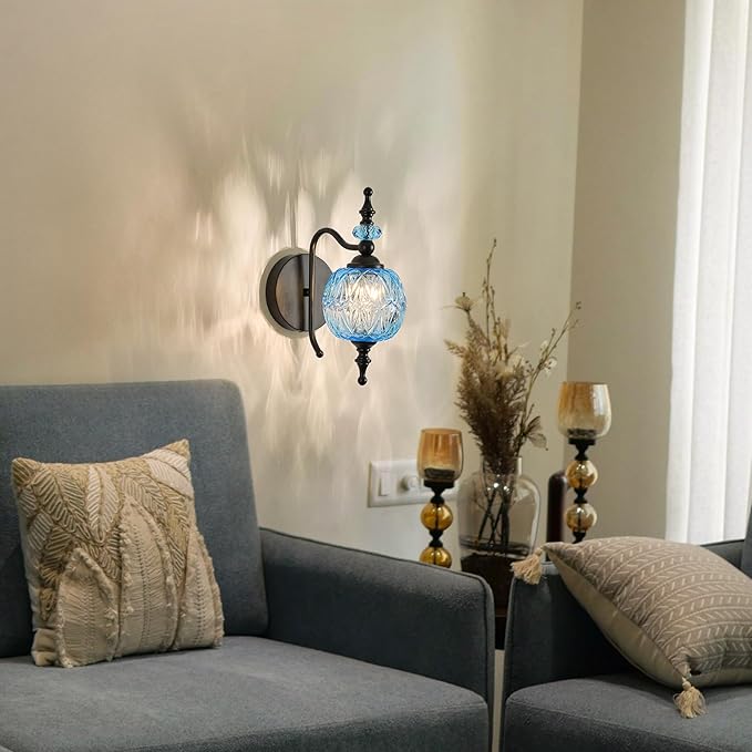 Vintage Wall Sconces with Black Finish Bathroom Blue Wall Light Fixtures with Crystal Glass Shade for Bedroom Living Room Kitchen Hallway