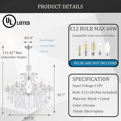 Modern Large Crystal Chandelier for High Ceiling, 18 Lights 2 Layers Luxury Maria Theresa Chrome Chandelier Light Fixtures for Dining Room, Living Room, Foyer, Staircase, Lobby