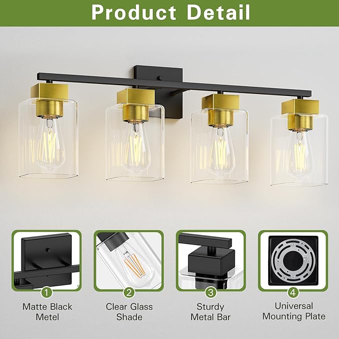 4 Light Bathroom Vanity Light - Black and Brushed Gold Bathroom Light Fixtures UL Certification, Square Light Fixture Over Mirror, Farmhouse Light Fixtures for Bathroom & Bedroom