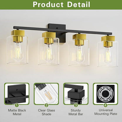 4 Light Bathroom Vanity Light - Black and Brushed Gold Bathroom Light Fixtures UL Certification, Square Light Fixture Over Mirror, Farmhouse Light Fixtures for Bathroom & Bedroom