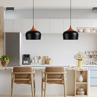Modern Pendant Light Fxtures Kitchen, Hanging Light Fixtures Ceiling Mount, Wood Metal Shade Pendant Lamp for Dining Room, Bedroom, Living Room, Bathroom, Entryway, Small Chandelier, Black
