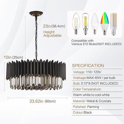 Black Crystal Chandelier 23.62'' K9 Smoke Crystal Round Pendant Lights 8 Lights 5-Tier Large Modern Chandelier for Dining Room Living Room Bedroom Foyer Entryway
