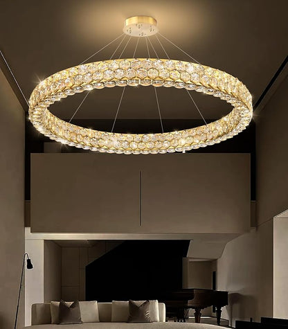 Modern Crystal Chandelier Large Ring Chandeliers for Living Room High Ceiling Chandeliers for Round LED Dimmable Ceiling Light Fixture for Foyer Lobby Bedroom Dining Room Gold
