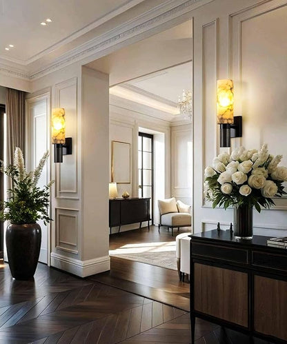 Modern Alabaster Sconce Marble Wall Sconce for Living Room Black Base Bathroom Vanity Wall Sconce Lighting Stone Marble Wall Lamp for Bedroom Corridor Stairs Restaurant