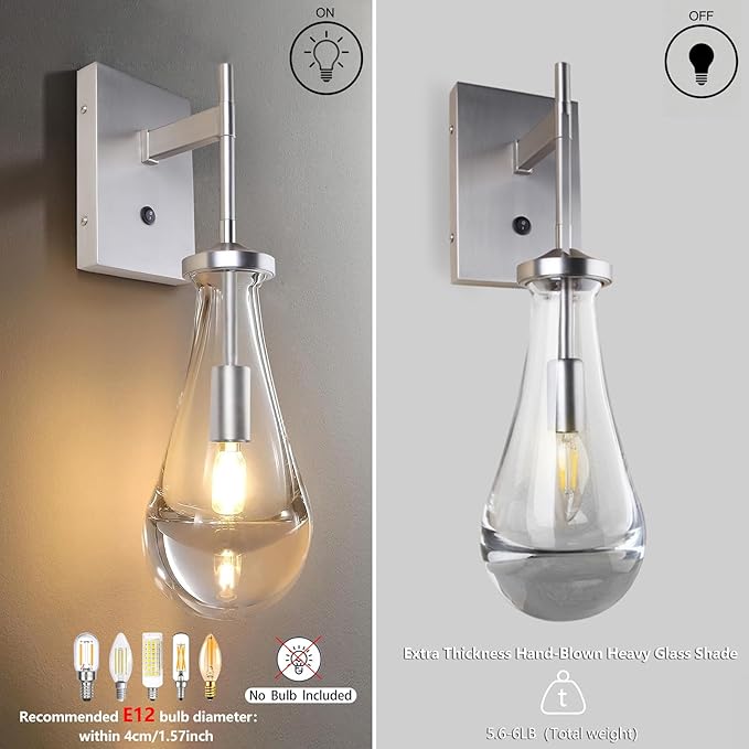 HuisMier Brushed Nickel Wall Sconce, Raindrop Wall Sconces with On Off Switch Button, Modern Clear Glass Wall Light Fixture Vanity Wall Lamp for Bathroom Bedroom Living Room Hallway