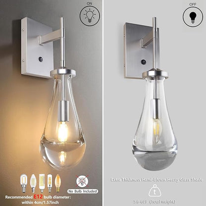 HuisMier Brushed Nickel Wall Sconce, Raindrop Wall Sconces with On Off Switch Button, Modern Clear Glass Wall Light Fixture Vanity Wall Lamp for Bathroom Bedroom Living Room Hallway