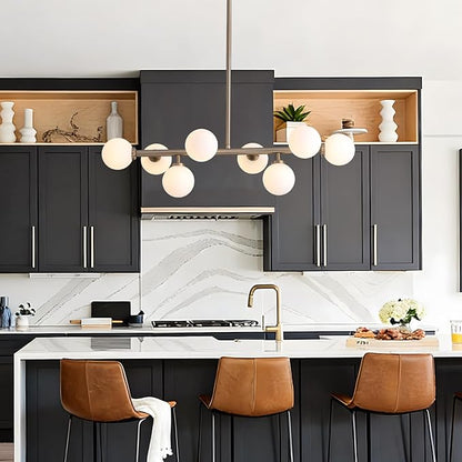 Modern Linear Chandelier, Mid Century Gold Sputnik Pendant Light with White Glass Lampshade,8 Lights Globe Rectangle Chandelier,for Dining Room Kitchen L31.4 in x W10.6 in