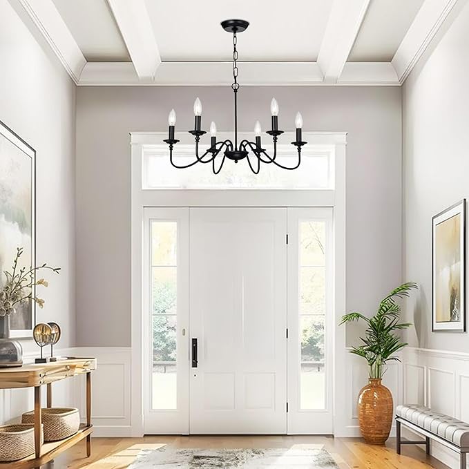 Farmhouse Black Chandelier 6-Light Candle Style Rustic Chandelier, Industrial Metal French Country Ceiling Light Fixture for Dining Room, Kitchen Island, Living Room, Bedroom, Entryway, Foyer