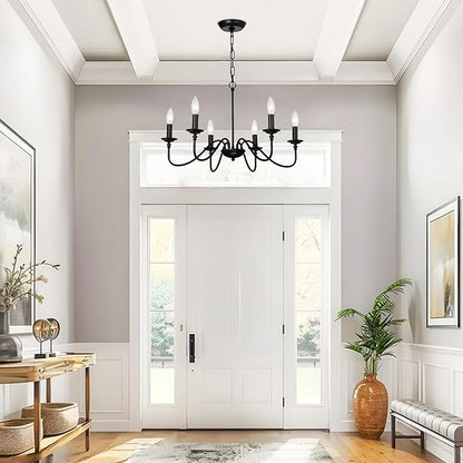 Farmhouse Black Chandelier 6-Light Candle Style Rustic Chandelier, Industrial Metal French Country Ceiling Light Fixture for Dining Room, Kitchen Island, Living Room, Bedroom, Entryway, Foyer