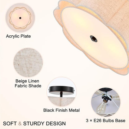 Semi Flush Mount Ceiling Light, Beige Linen Fabric Shade Ceiling Light, Black Modern Farmhouse Close to Ceiling Light for Bedroom, Hallway, Living Room, Dining Room, Laundry Room