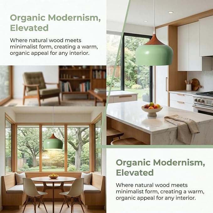 Modern Pendant Light Fxtures Kitchen, Hanging Light Fixtures Ceiling Mount, Wood Metal Shade Pendant Lamp for Dining Room, Bedroom, Living Room, Bathroom, Entryway, Small Chandelier, Pastel Green
