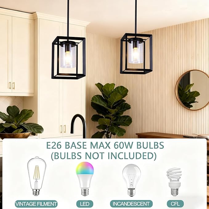 2 Pack Black Pendant Lights for Kitchen Island, Farmhouse 1-Light Iron Cage Metal Hanging Light with Clear Glass Shade, Industrial Lighting Fixtures for Living Room Bedroom Hallway Foyer