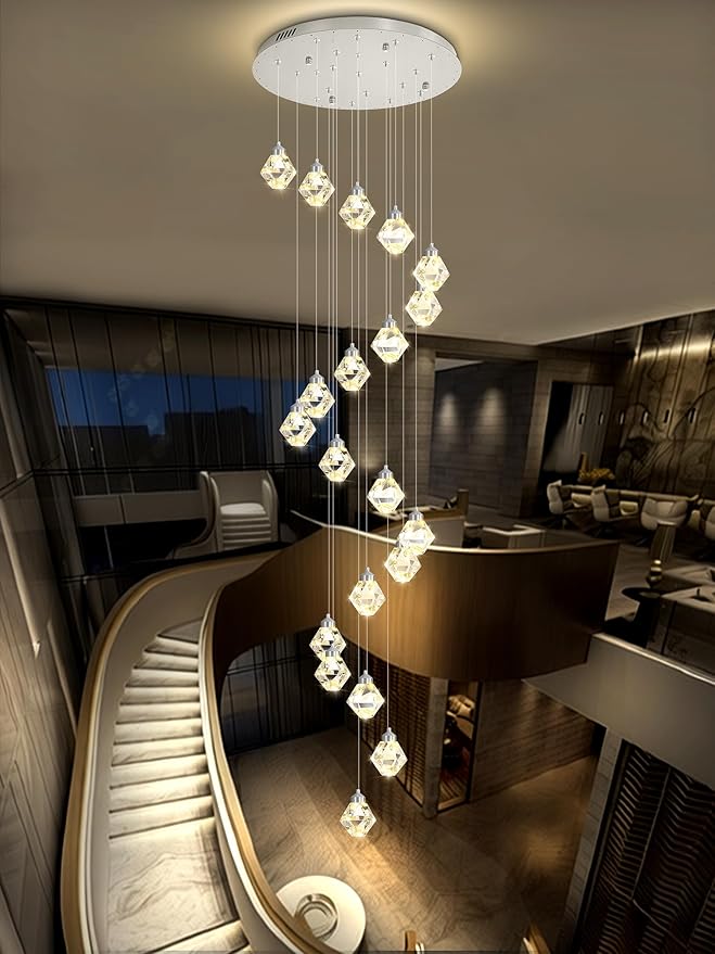 H142in Modern Crystal Chandeliers Large Chandeliers for High Ceiling Chrome Pendant Light Fixture 26-Lights Large Pendant Light for Staircase Living Room Hallway Entryway
