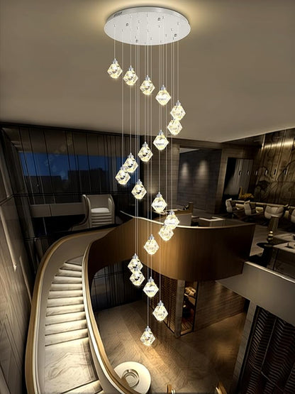 H142in Modern Crystal Chandeliers Large Chandeliers for High Ceiling Chrome Pendant Light Fixture 26-Lights Large Pendant Light for Staircase Living Room Hallway Entryway