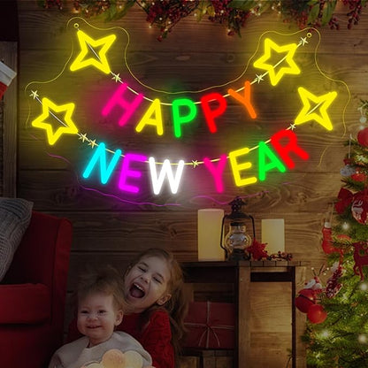 Happy New Year Neon Sign, LED Light Wall Art, Colorful New Year Party Decor, Neon Sign with Stars, Holiday Home Decor, New Year Celebration Sign 16.8″ × 9.6″