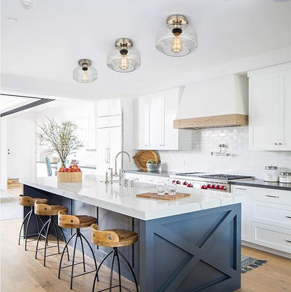 SunRider Semi Flush Mount Ceiling Light Fixtures, Brushed Nickel Industrial Seeded Glass Lamp, Silver Ceiling Light for Kitchen Hallway Porch Bedroom