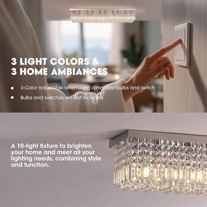 Modern Crystal Chandeliers for Dining Room Light Fixture, 10-Light Rectangle Chandelier Ceiling Light for Kitchen Island Living Room, L47.2 Inch, Chrome Finish