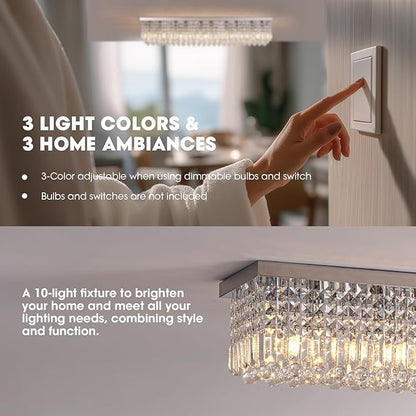 Modern Crystal Chandeliers for Dining Room Light Fixture, 10-Light Rectangle Chandelier Ceiling Light for Kitchen Island Living Room, L47.2 Inch, Chrome Finish