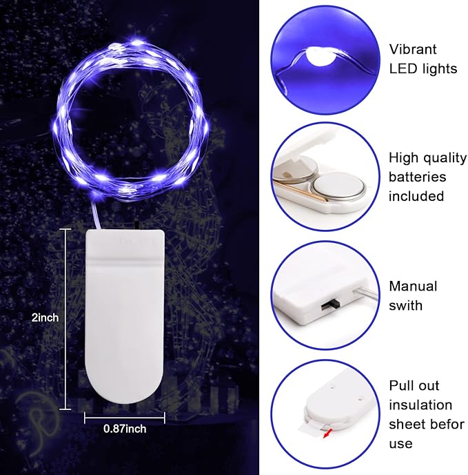 6 Pack Black Light Fairy Lights Battery Operated UV Black String Lights Waterproof Silver Wire 7 Ft 20 Led Firefly Starry Moon Lights for DIY Glow Party Body Paint Halloween Décor