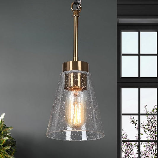 KSANA Black Gold Pendant Light, Modern 1-Light Brass Pendant Lighting Fixture with Seeded Glass Shade and Adjustable Height for Kitchen Island, Dining Room, Foyer and Hallway