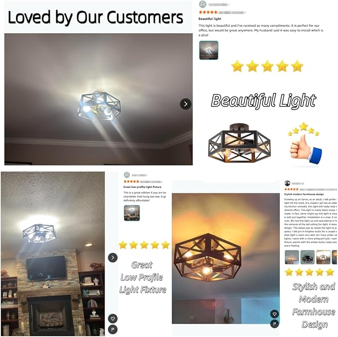 Rustic Foyer Lighting Fixtures, Industrial Semi Black Hexagon Black Farmhouse Kitchen Lighting Fixtures Ceiling for Bedroom Hallway Bathroom 14.5 in