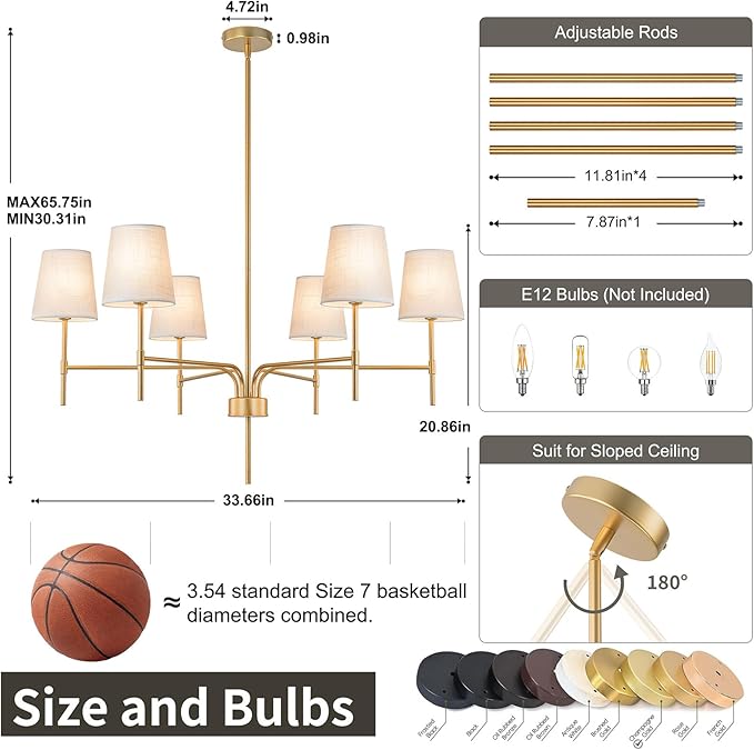 Alynzee Gold Chandeliers for Dining Room, 6-Light Modern Chandelier Light Fixture Over Table, with White Fabric Shade, 34" Large Transitional Kitchen Pendant Lights for Living Room Bedroom Foyer