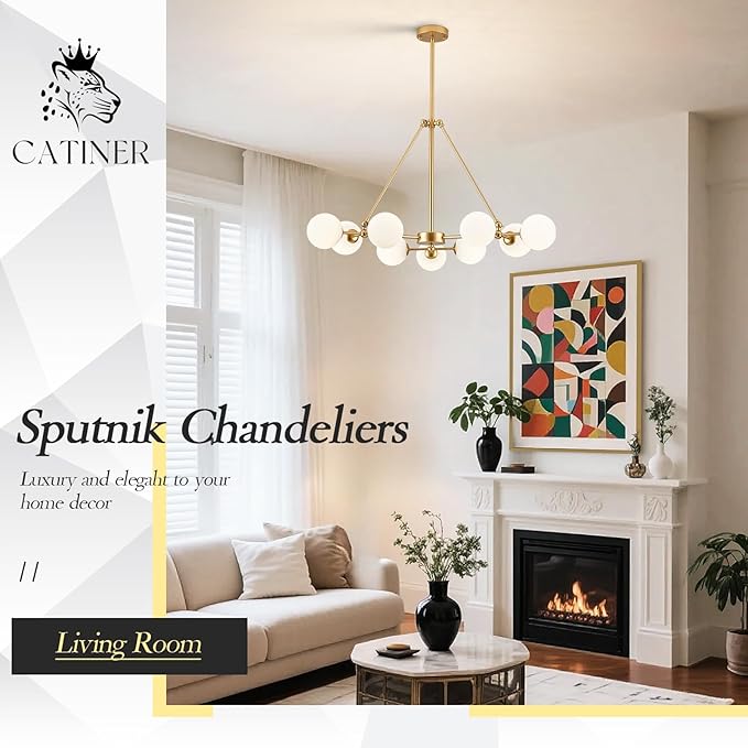 CATINER Modern Gold Sputnik Chandeliers L40”9-Lights Mid Century Ceiling Pendant Lighting Fixtures with Milk Glass Globe Shades for Foyer Entryway Kitchen Bedroom Living Dining Room