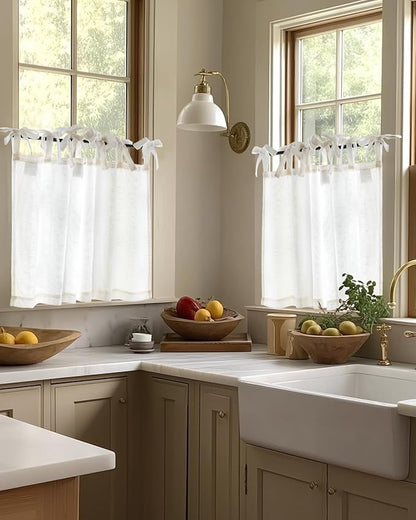 jinchan Tie Top Linen Kitchen Curtains Over Sink 36 Inch Length Tier Curtains Farmhouse Rustic Small Cafe Curtain for Bedroom Living Room Bathroom Half Window Light Filtering Privacy 2 Panels White