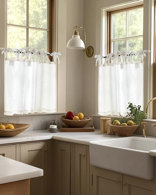 jinchan Tie Top Linen Kitchen Curtains Over Sink 36 Inch Length Tier Curtains Farmhouse Rustic Small Cafe Curtain for Bedroom Living Room Bathroom Half Window Light Filtering Privacy 2 Panels White