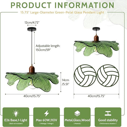 Green Glass Pendant Light Fixtures, 15.75" Hanging Ceiling Light Adjustable Vintage Floral Glass Chandelier for Bedroom Nursery Vanity Kitchen Island