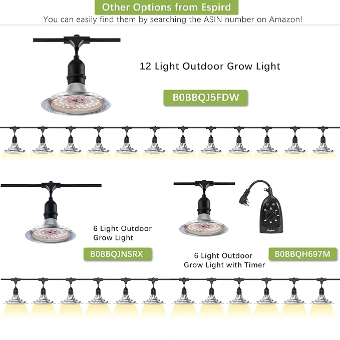 Outdoor LED Grow Light with Timer, 12-Light Full Spectrum Grow Light Strip, Waterproof Plant Lamps, UL Certified String Grow Lights for Greenhouse Garden, 41FT Light for Veg Seedling Flower