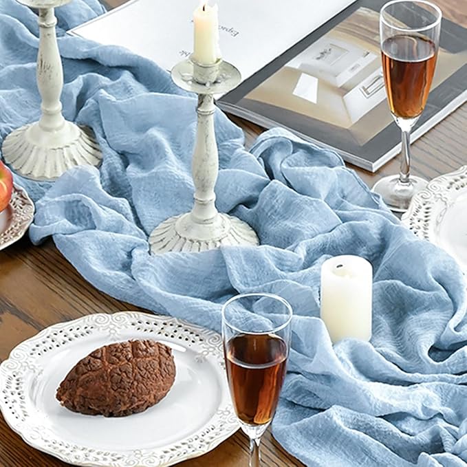 Artoid Mode Boho Sky Blue Gauze 6 Pieces Wedding Table Runner, 120 Inch Seasonal Fabric Kitchen Dining Holiday Table Decor for Home Party Indoor